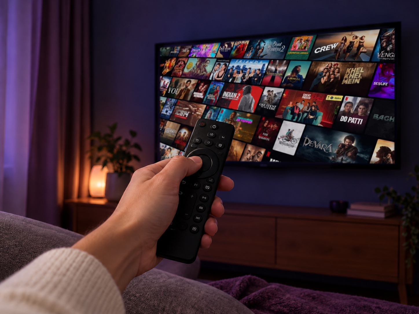 Une personne choisit un programme sur son téléviseur depuis son canapé.